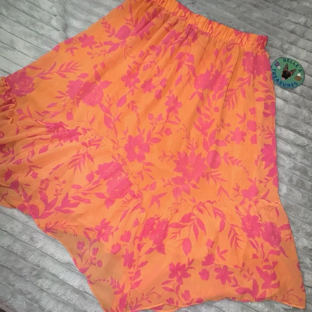 Women's Large 12-14 Orange Pink Chiffon Asymmetric Skirt‎ Y2K 90s Fairy Spring